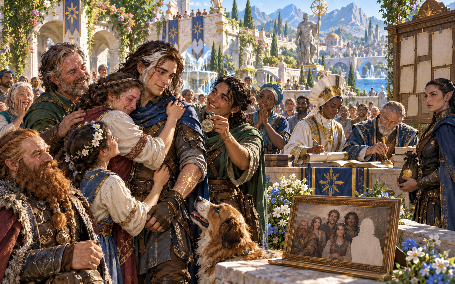 Fantasy illustration of a returned man reunited with family while faith and legal representatives record the return