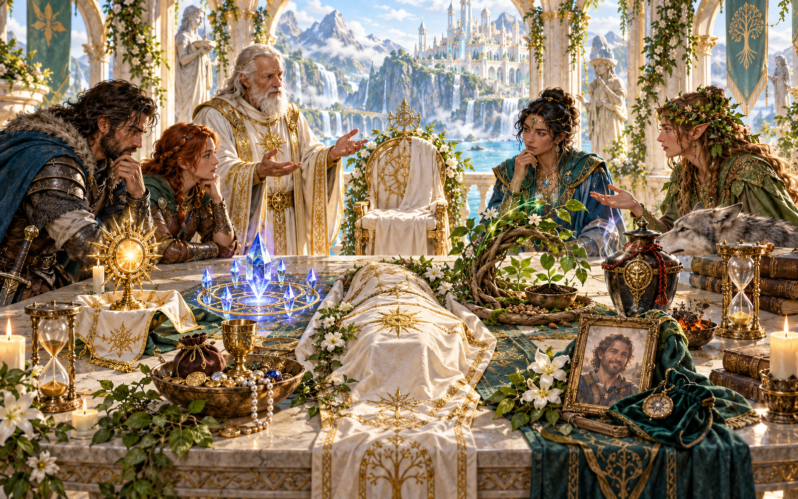 Fantasy illustration of companions, a priest and a nature guide discussing return methods and offerings around a covered body
