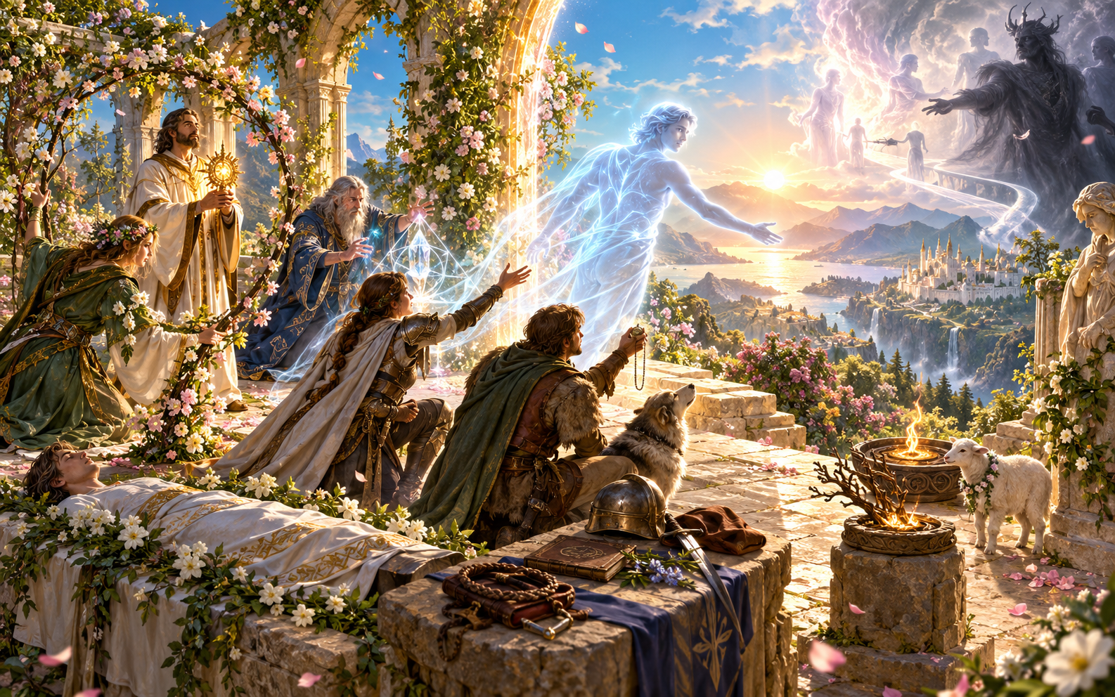 Fantasy illustration of ritual participants reaching toward a soul between a flowering terrace and a vision beyond death